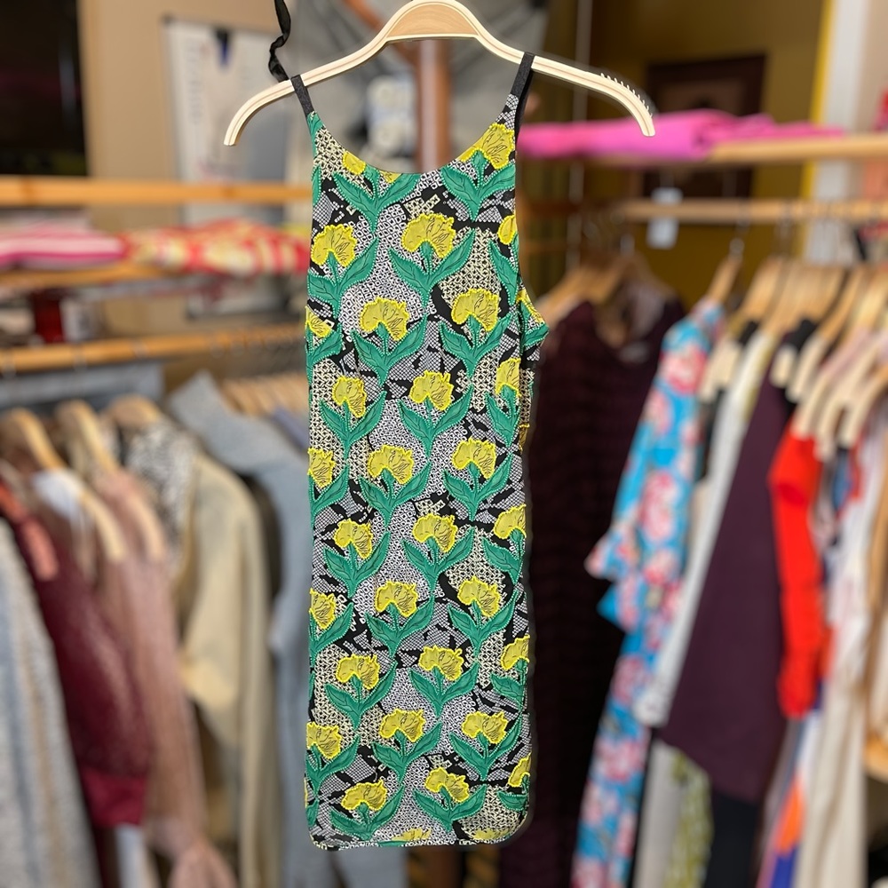 TOPSHOP ~ Green and Yellow Floral Beaded Dress ~ Size S